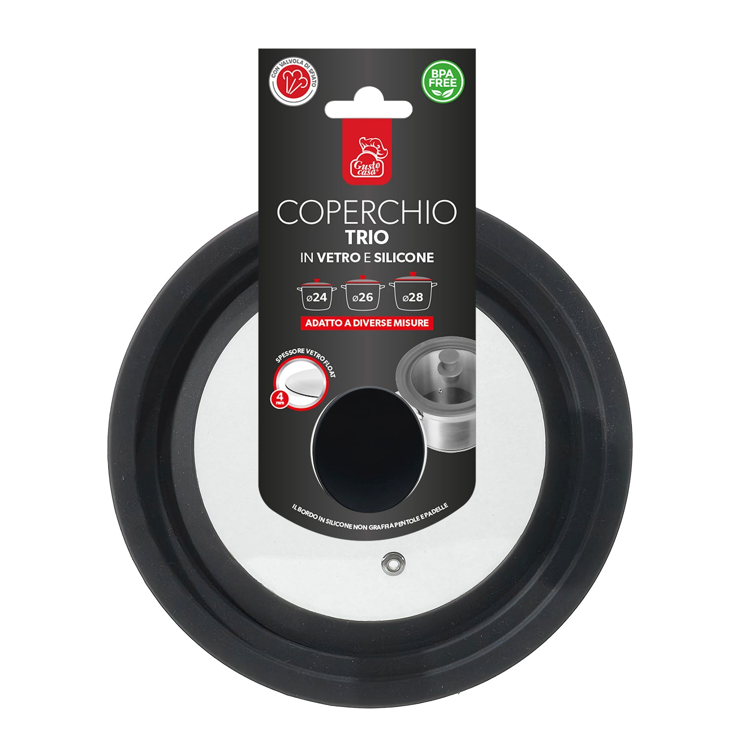 GUSTO CASA - Coperchio Universale Trio in Vetro e Silicone - Adatto a tre diverse misure: diametro 24/26/28 cm